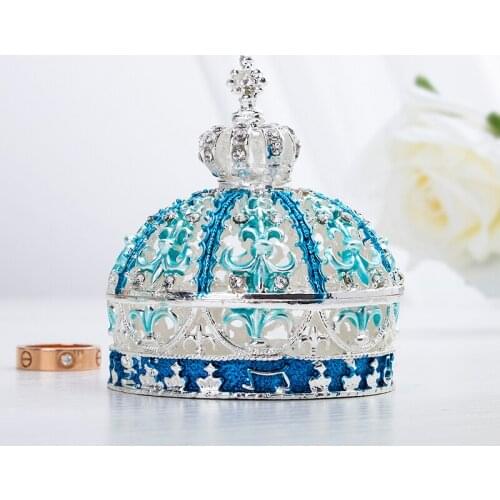 H&D Crown Design Bejeweled Trinket Box Decorative Collectible Metal Jewelry Box Ring Holder Home Wedding Decor Creative Gift