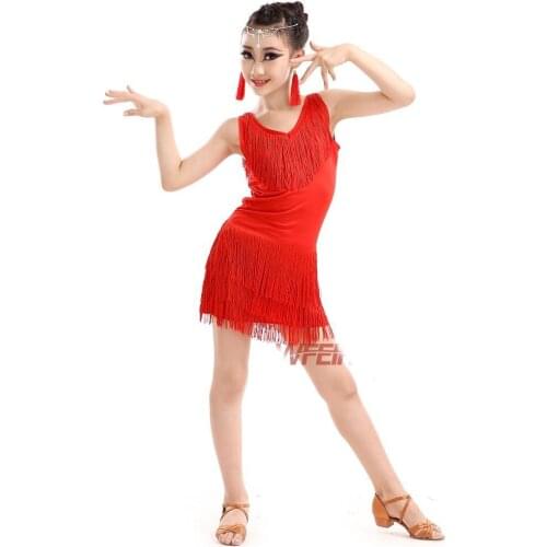 New kids tassel latin cha cha salsa tango Latin dance dress competition red black