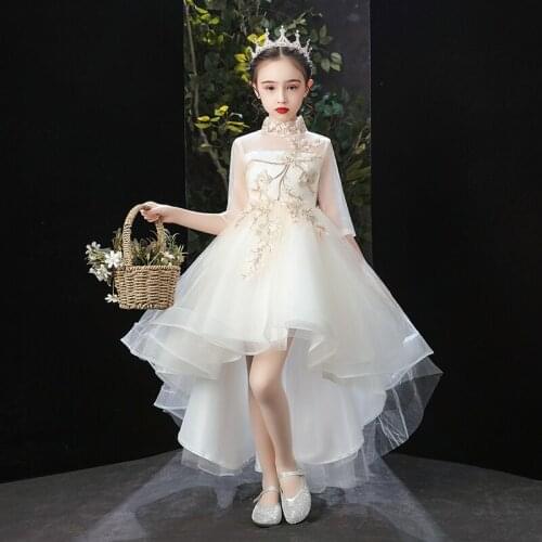 Appliques Lace Wedding Princess Dress Girl Birthday Outfit Layered Tulle Flower Kids Princess Party Pageant Christmas Costume