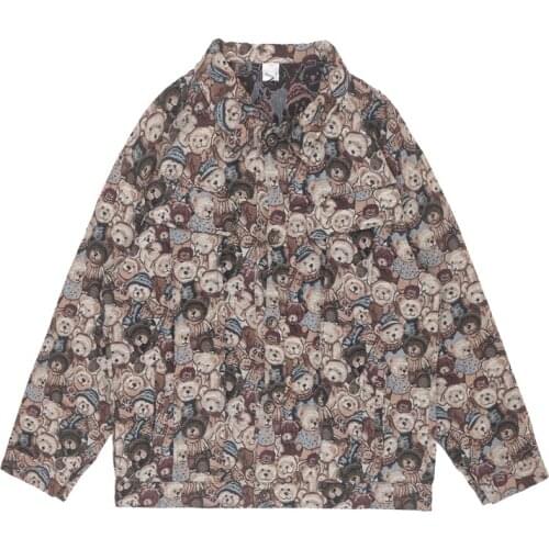 New Autumn Jacket Women Harajuku Streetwear Loose Long Sleeve Coats Cotton Cartoon Bear Embroidery Vintage Straight Man Female