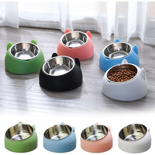 Pet Cat Bowl 15 Degrees Tilted Puppy Dog Cat Feeder Pet Food Drinker Fountain Stainless Steel Bowls For Cats Dogs Accessories