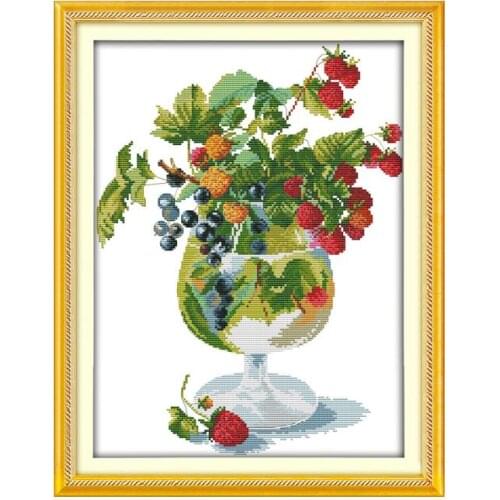 Strawberry and wine glass cross stitch needlework kit fruit food 14ct 11ct pre stamped fabric embroidery DIY handmade needlework