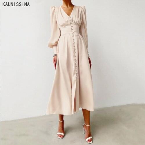 New Satin Dress Women Long Sleeve V-Neck High Waist Dresses Solid Buttons Tea-Length Ladies Streetwear Fashion Vestidos