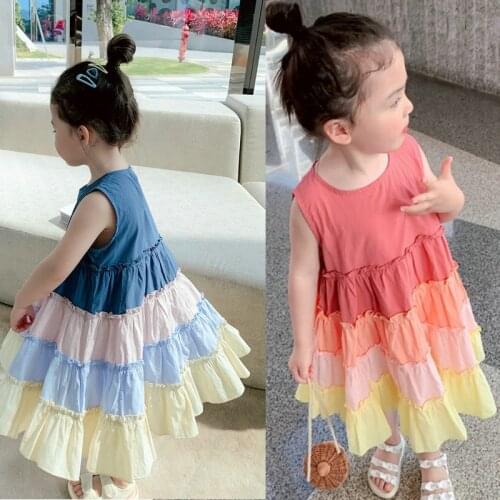 Girls Rainbow Dress 2021 Summer New Sweet Gradual Change Sleeveless Cotton Crew Neck Straight Striped Dress