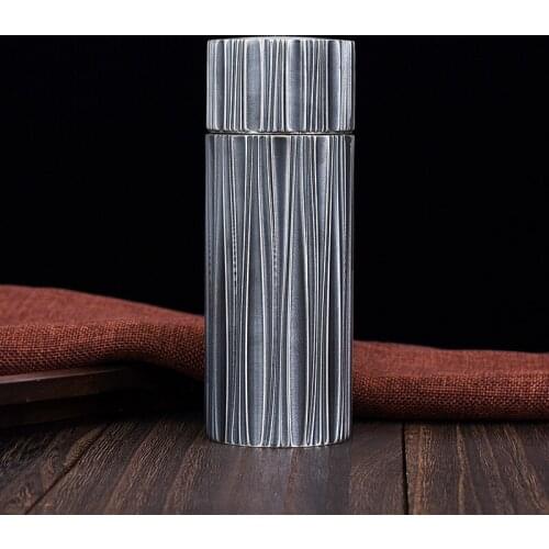Vertical Pattern Sterling Silver 999 Vacuum Flask Health Care Water Bottle Travel Portable Teacup Drinkware Car Thermos Gifts