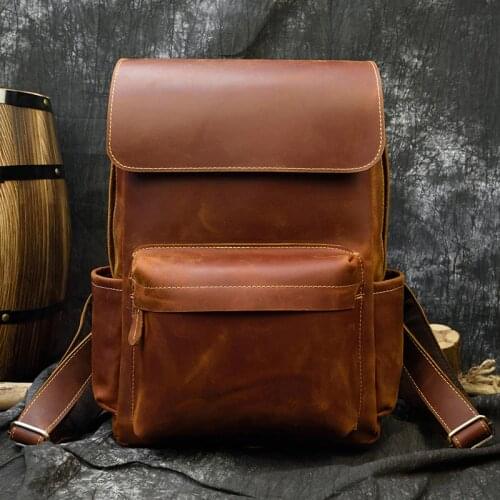 Vintage Crazy horse leather Men Backpack Brown genuine cowhide leather women rucksack daypack 14" laptop bags travel bag for man