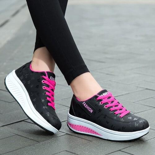 Waterproof Toning Shoes Women Height Increasing Wedge Sneakers Fitness Shoes Lace-up Platform Shoes Antislip Gym Shoes Jumping