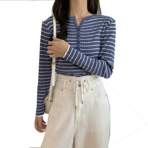 Striped Knitwear Womens 2020 Autumn Long-sleeved Top Loose Thin V-neck Sweater Tide