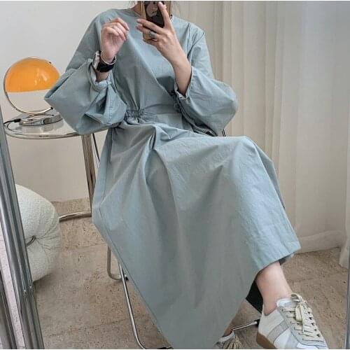 Elegant Lady Spring Dress Cotton Korean Drawstring Long Dress Puff Sleeve Elastic High Waist Loose Vintage Party Dress Office