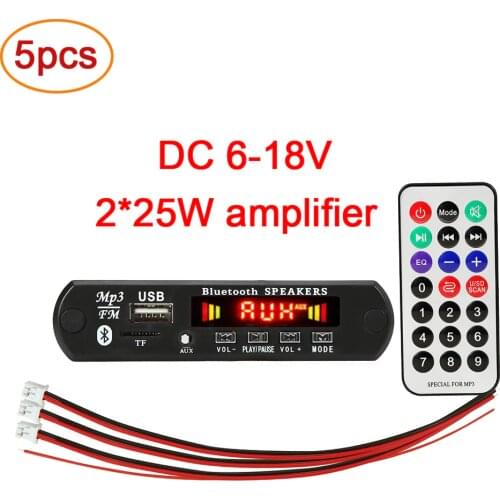 5pcs/lot 2*25W 50W amplifier MP3 WMA Player Decoder Board 6V-18V Bluetooth 5.0 Car Player FM Radio Module Support TF USB AUX