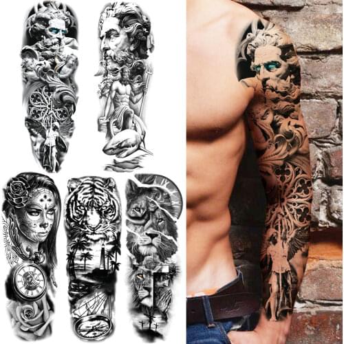 Large God Greek mythology Warrior Temporary Tattoos Arm Sleeve For Men Women Lion Cross Tattoo Sticker Black Tiger Fake Tatoos