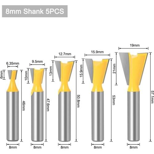 Dovetail Milling Cutters 5pcs 8mm Shank Round Over Edging Router Bit Radius Wood Cutting Tool Woodworking Router Bit