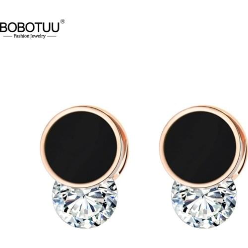 BOBOTUU Trendy Double Circle Shell Stud Wedding Earrings For Women Rose Gold AAA Zircon Female Earrings Jewelry Brincos BE18491
