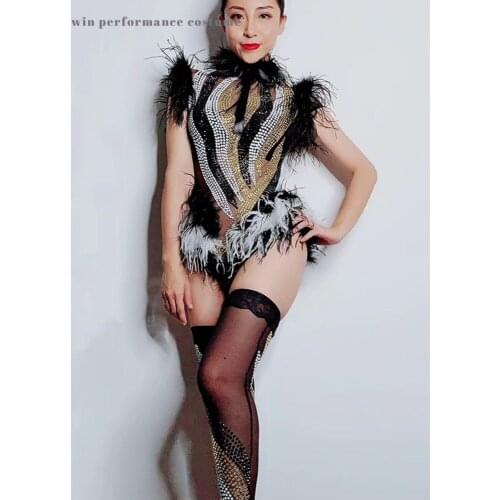 Sparkly rhinstone feather long stocking gogo boot leggings women dance club bodysuit outfit party wear