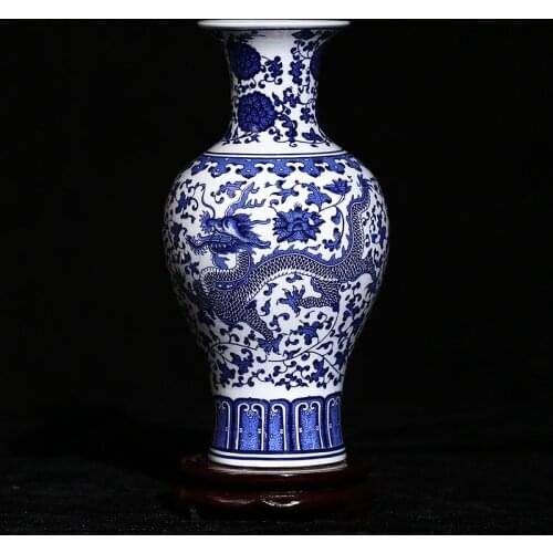 Jingdezhen Ceramic Antique Blue And White Porcelain Dragon Pattern Vase Home Decoration Modern Handicraft Living Room Decoration