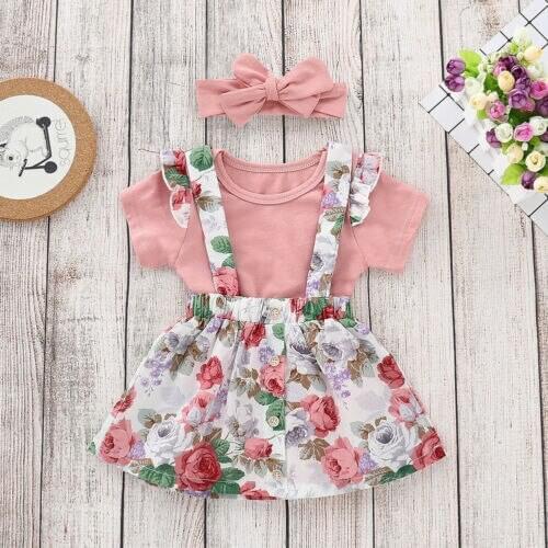 Newborn Tops Romper Summer Cute Girls Flower Rose Kid Floral Print Bowknot Skirt Baby Outfits Set Clothes 3Pcs