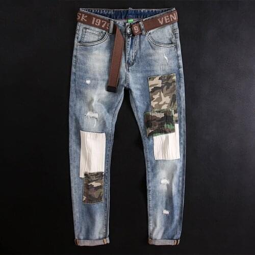 European American Fashion Men Jeans High Quality Retro Light Blue Elastic Slim Fit Ripped Jeans Men Patch Designer Hip Hop Pants