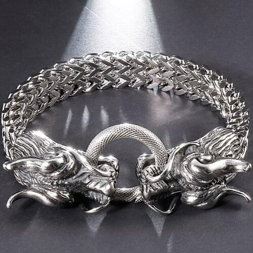 Hiphop Dragon Head Bracelet Men 9 Inches 316L Stainless Steel Franco Link Curb Chain Biker Jewelry Bangle Wholesale Dropshipping