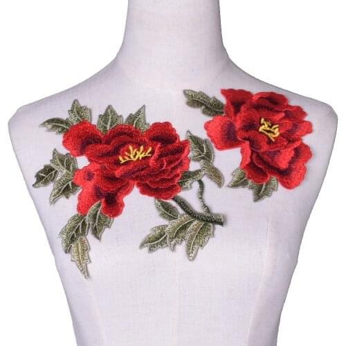 2Pcs/Set Red Flower Patch Wedding Dress Floral Embroidery Sewing Patches Beaded Lace Applique Flower Trims DIY Craft