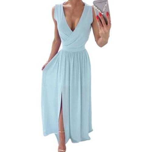 New Summer Women Formal Dress Elegant Solid Color V Neck Split Large Hem A-Line Wedding Party Dresses Banquet