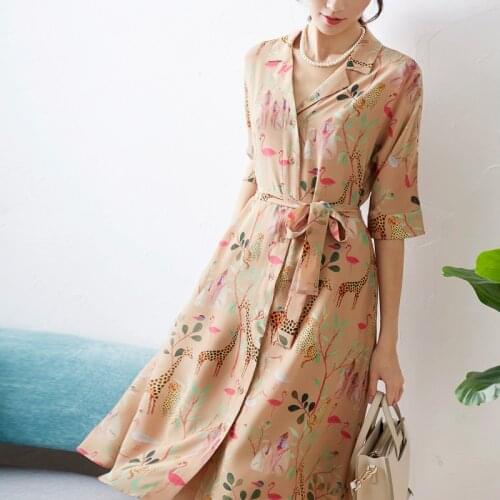 Animal New printed silk lapel 03 crepe DE chine printed pure silk dress
