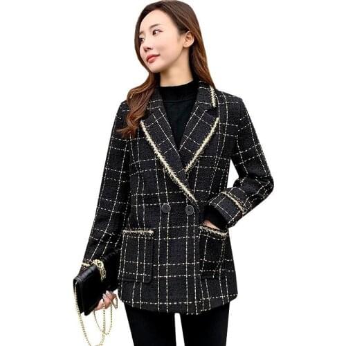 Coat Women Winter Black Plaid Suits Elegant Jackets Uniform Fashion Long Sleeve Coat Loose Female Overcoat Channel Outerwear