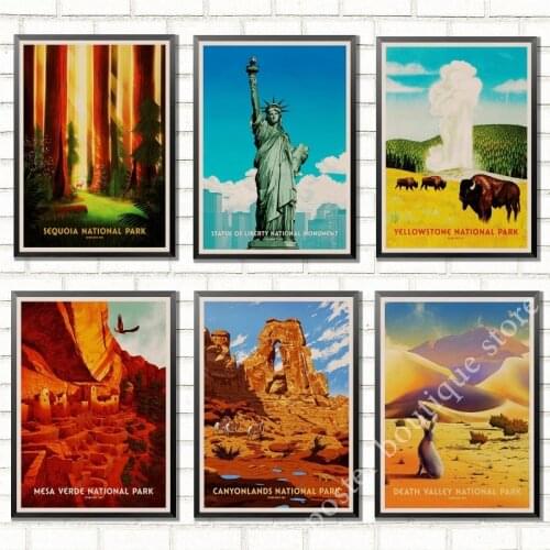 National Park Poster,statue of liberty ,Route 66poster, Travel Vintage Poster Decorative Wall Kraft Paper Poster Home Decor