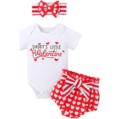 Infant Baby Girls Valentines Day Love Heart Print Short Sleeve Romper Headband Summer Cotton Kid Jumpsuit Playsuit Outfits