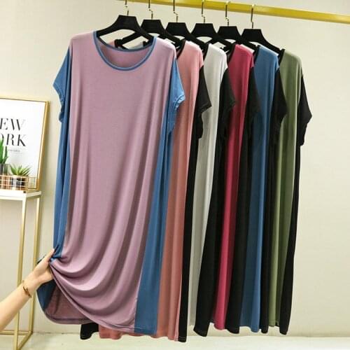 Short Sleeve Contrast Stitching Dress Female Modal Bottoming Shirt Nightdress Summer Large Size Thin Sleepwear Nightgowns Women