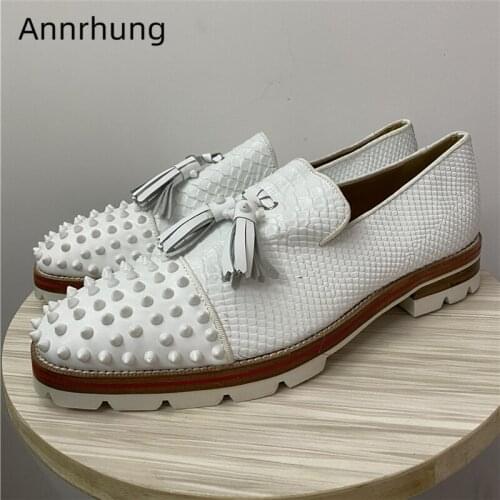 Men Size 44 Rivet Decor Round Toe Casual Shoes Genuine Leather Fringed Tassels Slip-on Loafers Dress Men Shoes