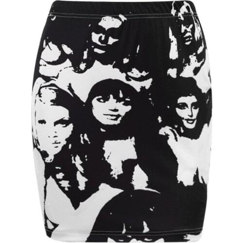 H9ED Women Aesthetic Sexy Low Rise Bodycon Mini Micro Pencil Skirt Gothic Harajuku Abstract Facial Portrait Graphic Package Hip