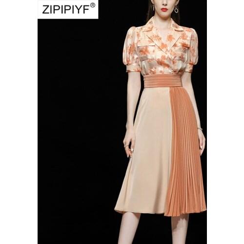 2021 Summer Runway Fashion Turn Down Neck Short Lantern Sleeve Floral Printing Pockets Blouse High Waist Pleated Skirts Z442