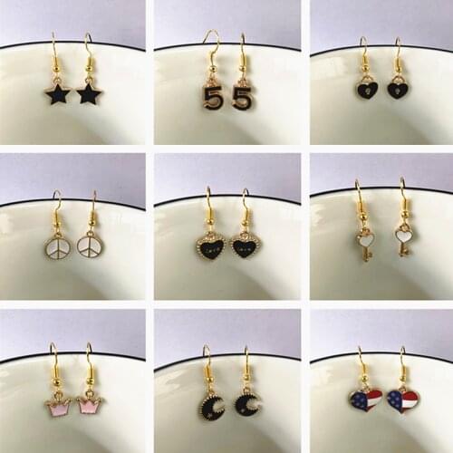 Women Small Earrings Black White Heart Star Moon Key Crown Earring Jewelry Mini Cartoon Drop Earrings For Woman Girl Student