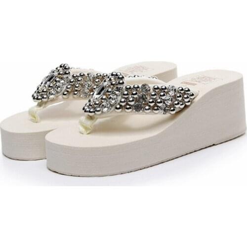 2021 Summer New Women Slipper Fashion Bling Crystal Flip Flop 6cm High Wedegs Platform Sandal Outdoor Vacation Travel Beach Slid