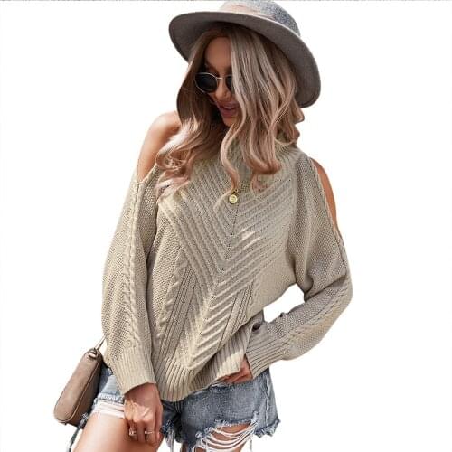 Autumn Women Long Sleeve Solid Color Off Shoulder Thick Stitch Knitted Sweater Loose Casual Streetwear Pullover