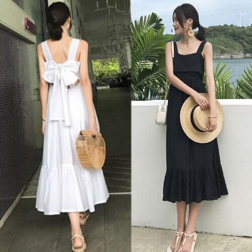 Summer Women White Backless Long Party Strap Dress Sleeveless Casual Vacation Elegant Runway Korean Beach Dresses Sundress Black