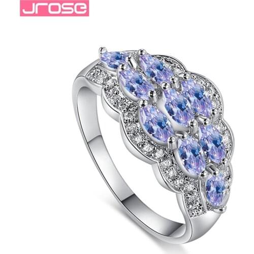 JROSE Geometric Sky Blue Semi-precious Stone Silver Color Ring For Women Oval Cubic zircon Wedding Engagement Couple Rings