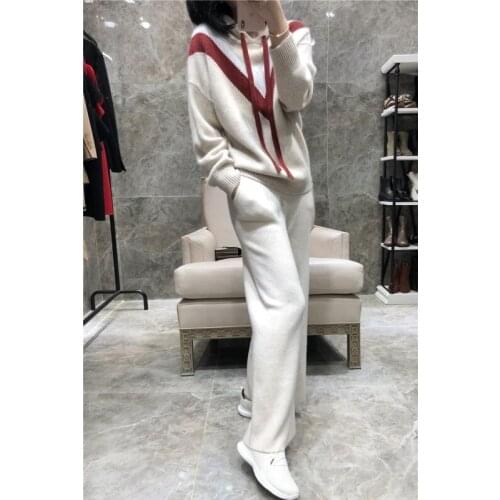 2020 Real Elastic Waist Full Pattern Winter New Cashmere Suit Fashion Loose Wool Hooded Sweater And Wide Leg Pants 2-piece Set