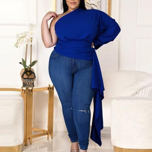 Asymmetrical Tops Women One Shoulder Plus Size Tunic High Waist Party Streetwear Blue Red Large Size 3xl Female Blouse Shirt