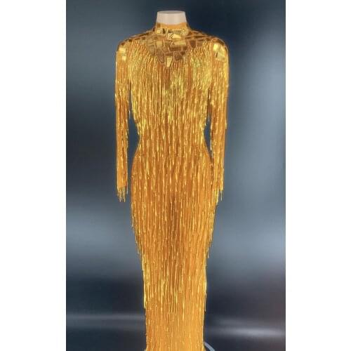 Flashing Silver Mirror Stones Fringe Transparent Long Dress Bar Birthday Celebrate Mesh Outfit DS Dance Dress