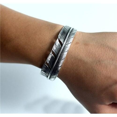 925 Sterling Silver Handmade feather women women Bangle Cuff Bracelet gift jewelry A4468