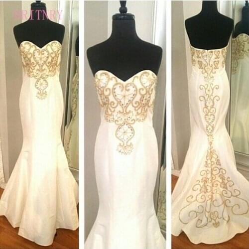 BRITNRY New Arrival Sweetheart Mermaid Wedding Dresses Embroidery Gold Beading White Ivory Bridal Dresses 2018
