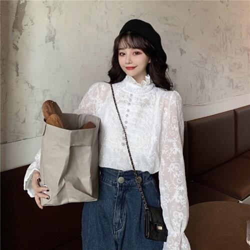 Ladies Lolita Lace Blouse Stand Collar Royal Style Womens Long Sleeve Lolita Shirt Palace Sweet Cute Ruffled Lace Beading Blouse