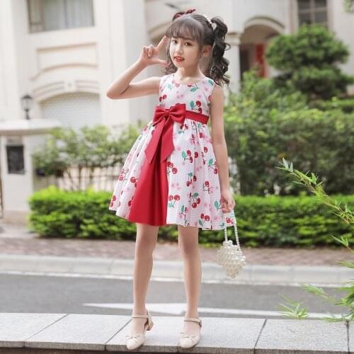 Cherry Ptint Bow Children Tutu Princess Birthday Party Prom Wedding Evening Infant Summer Dress Gown Vestidos Baby Girl Clothes