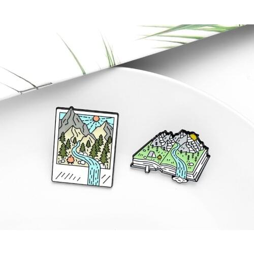 Camping Enamel Pin Custom Mountain Forest Photo Picture Book Brooch Bag Clothes Lapel Pins Badge Jewelry Gift for Friends