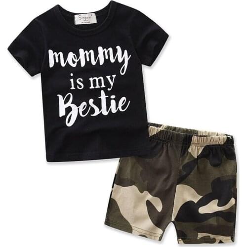 Oklady 2019 Summer Baby Boy Set Camo Vogue Childrens Clothing Boys Set Mommy Letter Print Black Tshirt Camouflage Pants Set