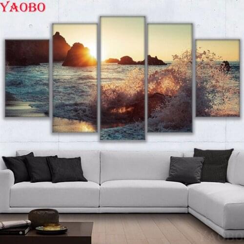 Seascape Sunrise 5pcs 5d Diy Diamond Painting Cross Stitch Diamond Embroidery Square round rhinestone Mosaic Pictures Needlework