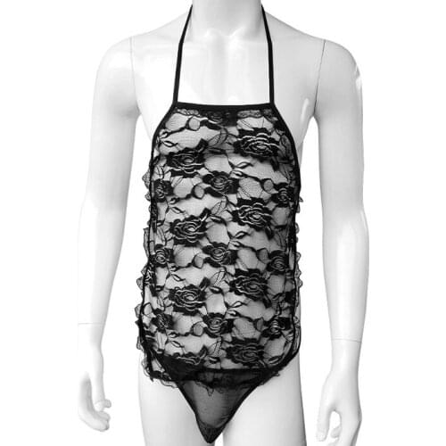 Mens Sissy Lingerie Set Ruffled Lace Sheer Sissy Panties Gay Underwear See Through Sleeveless Tank Crop Top with Thong Panties