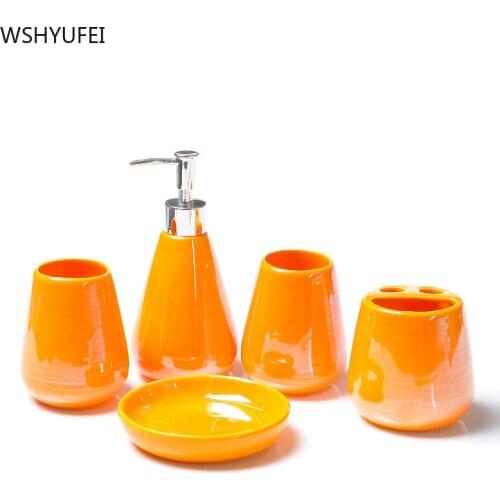 WSHYUFEI Colored ceramics Five-piece set Bathroom Kit Accessories Wedding Gift Toothbrush Holder Soap Dispenser Plastic tray