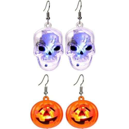 New 1 Pair Halloween Earrings 2021 Trend Lighted Skull Earring Led Scary Horror Ghost Pendant Earrings For Women Pumpkin Jewelry